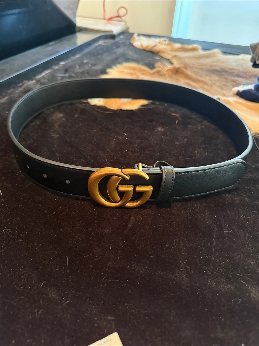 Black Leather Women's Belt with Gold Interlocking Buckle
